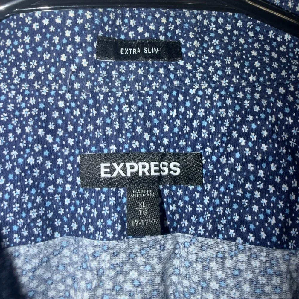 Express Men’s XL Extra Slim Long Sleeve Button Up Shirt Blue Print - Picture 3 of 7